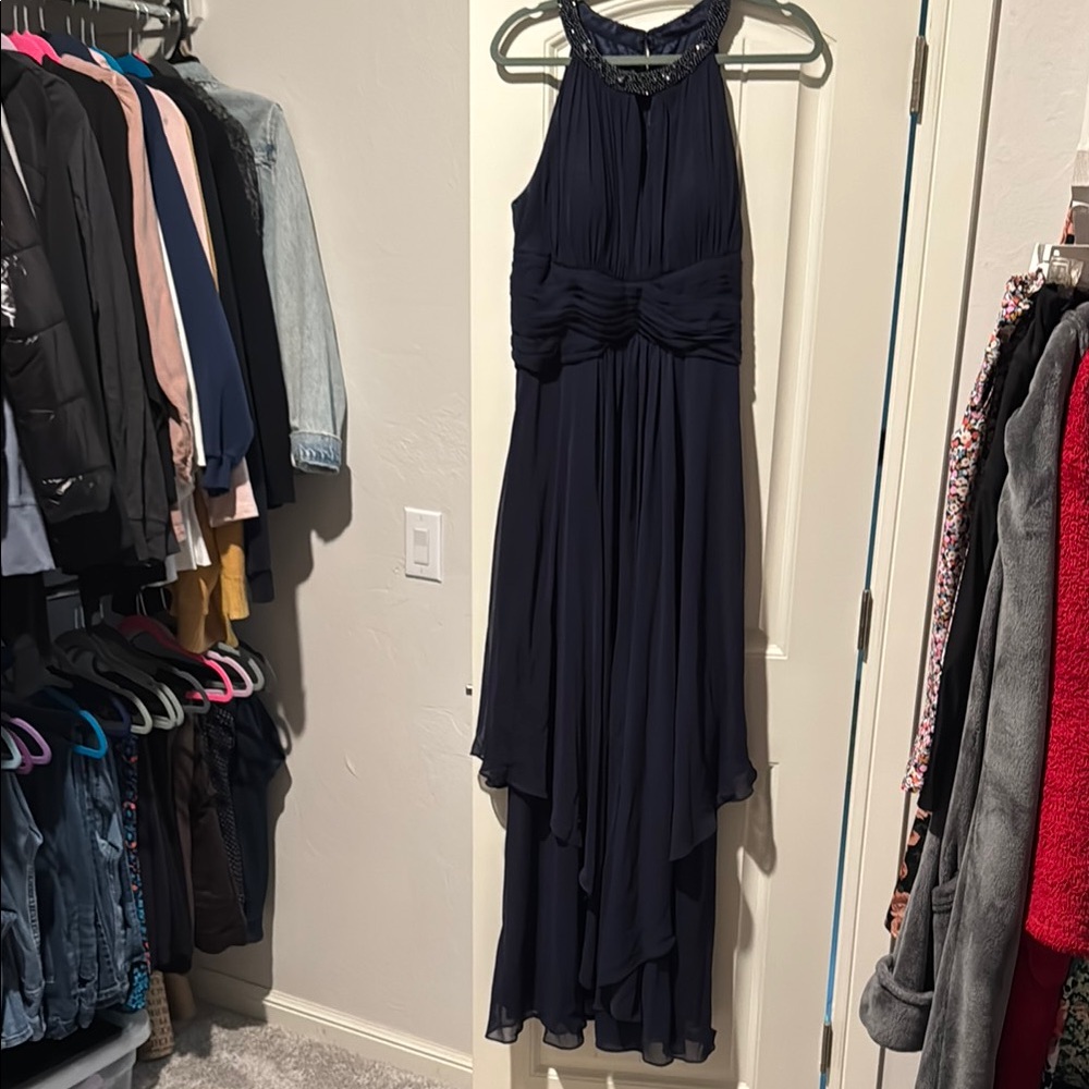 Eliza J Blue Tiered Ruffled Halter Gown